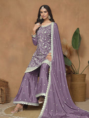Purple Chinnon Resham & Sequins Embroidered Palazzo Suit