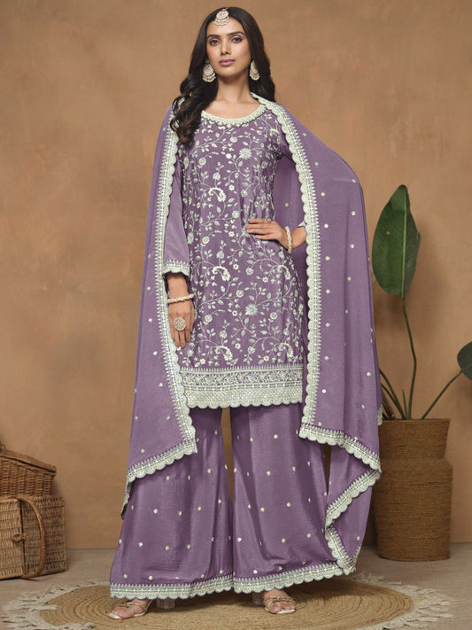 Purple Chinnon Resham & Sequins Embroidered Palazzo Suit