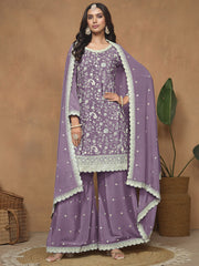 Purple Chinnon Resham & Sequins Embroidered Palazzo Suit