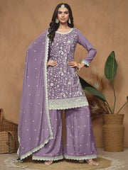 Purple Chinnon Resham & Sequins Embroidered Palazzo Suit
