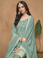Aqua Chinnon Resham & Sequins Embroidered Palazzo Suit