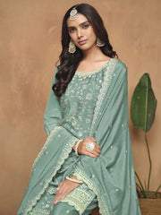 Aqua Chinnon Resham & Sequins Embroidered Palazzo Suit