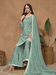 Aqua Chinnon Resham & Sequins Embroidered Palazzo Suit