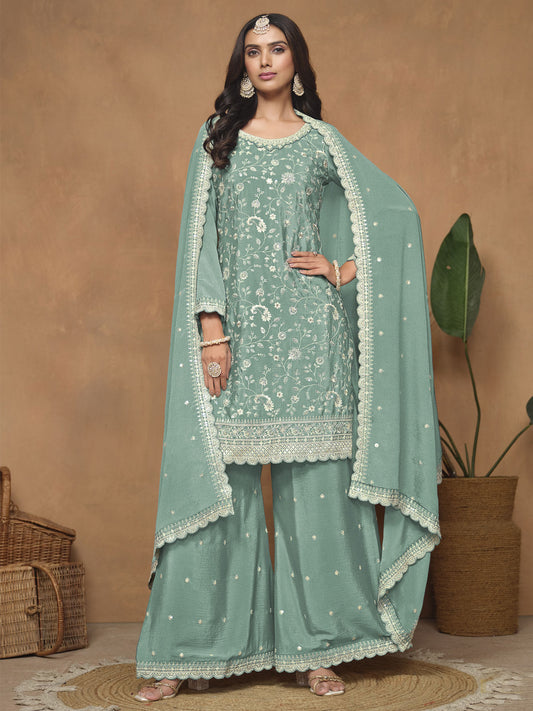 Aqua Chinnon Resham & Sequins Embroidered Palazzo Suit