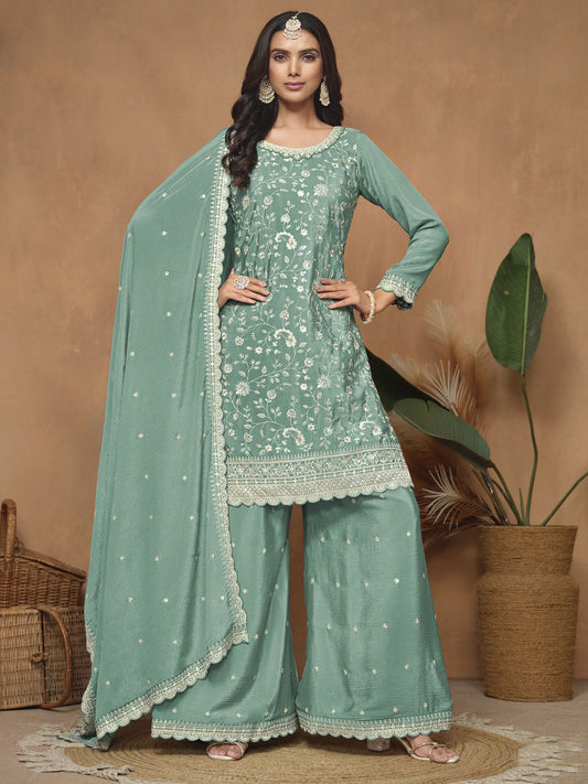 Aqua Chinnon Resham & Sequins Embroidered Palazzo Suit