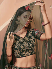 Green Heavy Embroidered Net Lehenga Set