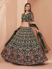 Green Heavy Embroidered Net Lehenga Set