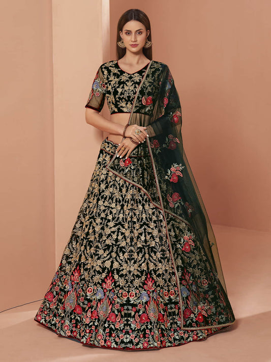 Green Heavy Embroidered Net Lehenga Set
