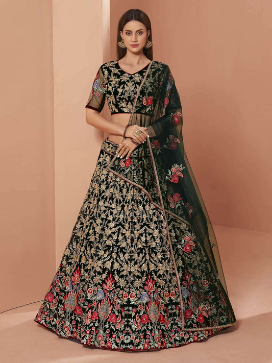 Green Heavy Embroidered Net Lehenga Set