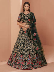 Green Heavy Embroidered Net Lehenga Set