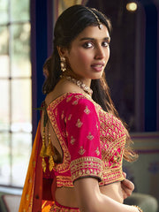 Pink And Green Embroidered Silk Lehenga Choli