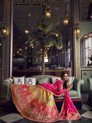 Pink And Yellow Ombr‚ Embroidered Silk Lehenga Choli