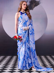 Blue Digital Print Satin Silk Saree