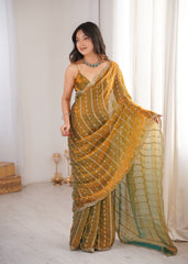 Gold Fendi Satin Sequence Embroidery Saree