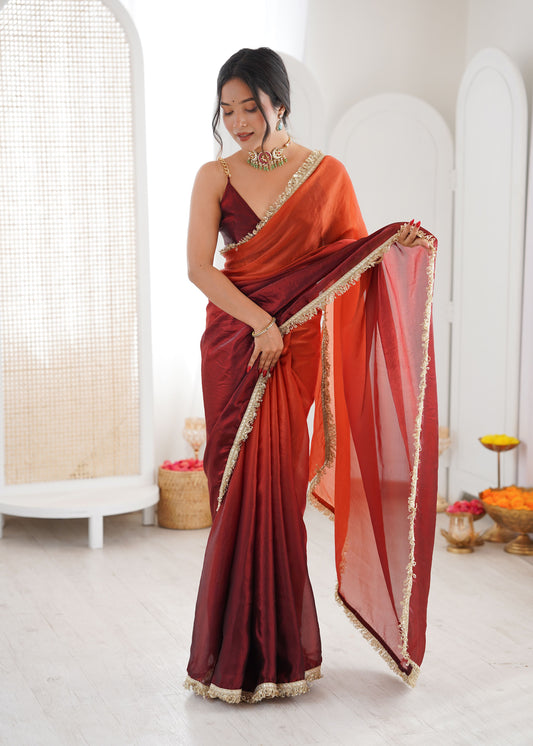 Maroon Shaded Satin Lace Work Saree