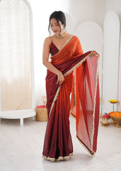 Maroon Shaded Satin Lace Work Saree