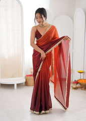 Maroon Shaded Satin Lace Work Saree