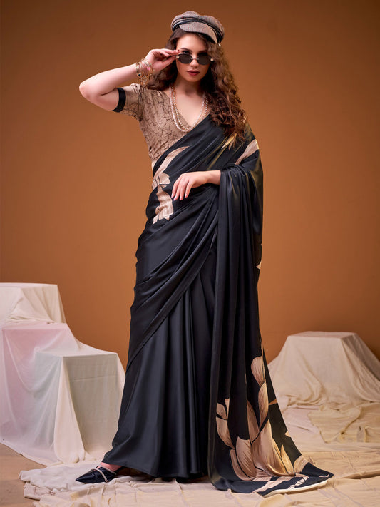 Black Digital Print Satin Silk Saree