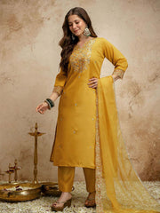 Mustard Designer Chanderi Cottan Partywear Kurta Set
