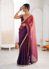 Purple Shaded Satin Lace Work Saree