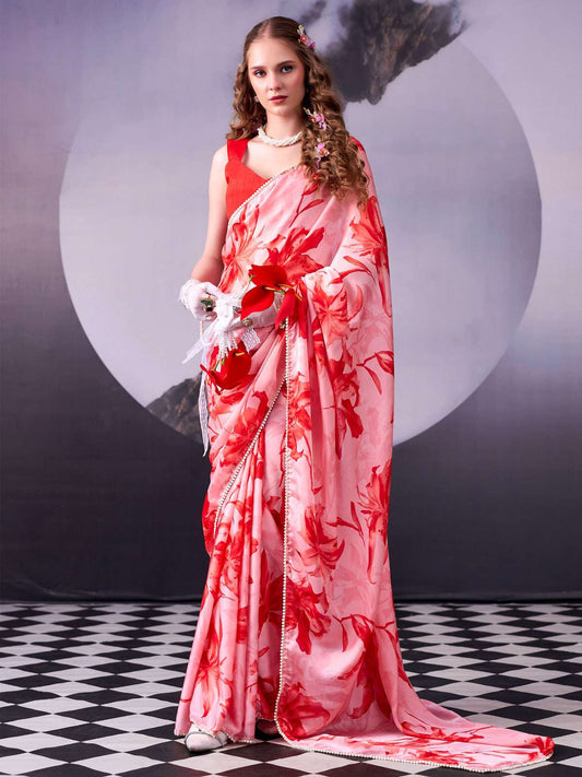 Orange Digital Print Satin Silk Saree