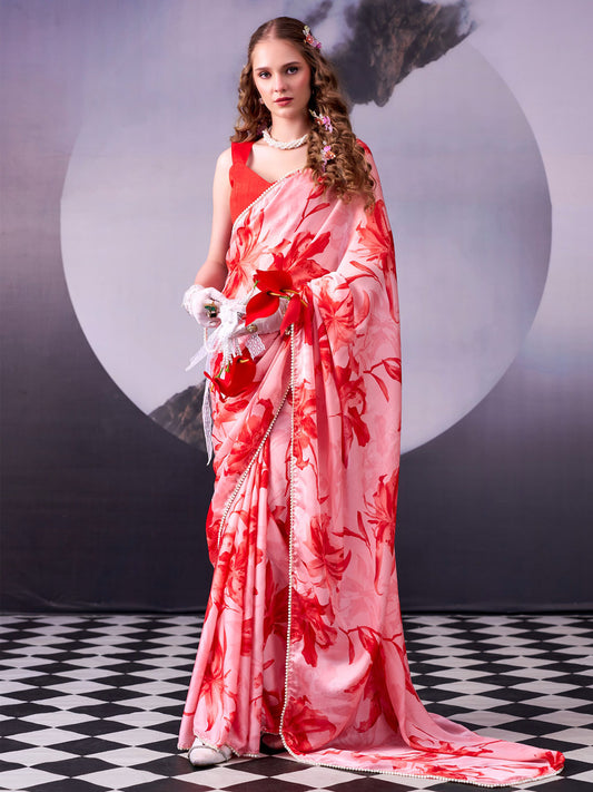 Orange Digital Print Satin Silk Saree