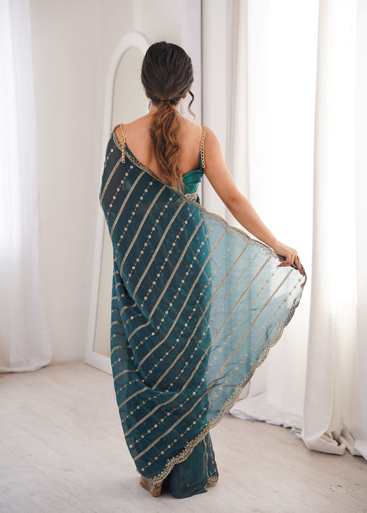 Teal Green Fendi Satin Sequence Embroidery Saree