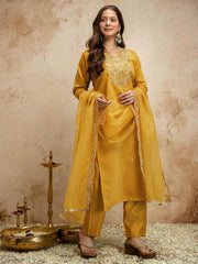 Mustard Designer Chanderi Cottan Partywear Kurta Set
