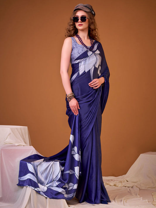 Violet Digital Print Satin Silk Saree