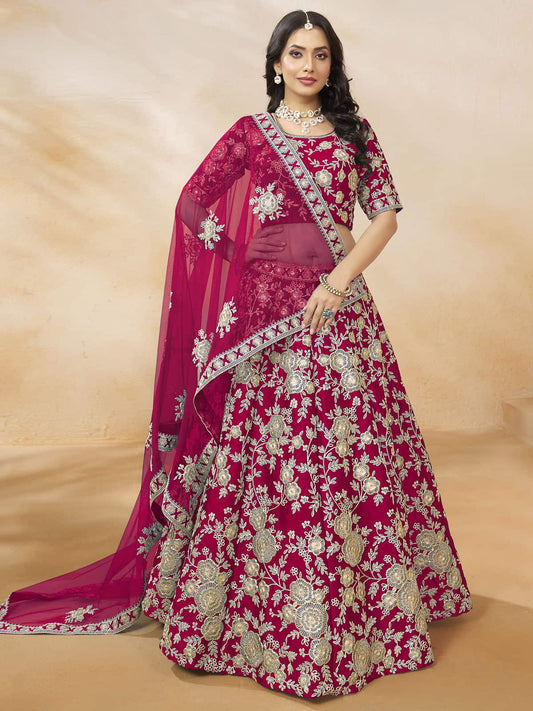 Captivating Rani Pink Embroidered Silk Engagement Wear Lehenga Choli