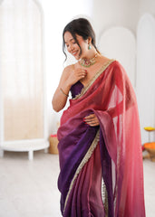 Purple Shaded Satin Lace Work Saree