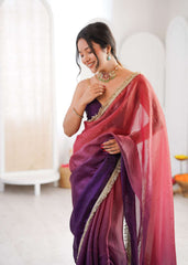Purple Shaded Satin Lace Work Saree