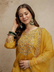 Mustard Designer Chanderi Cottan Partywear Kurta Set