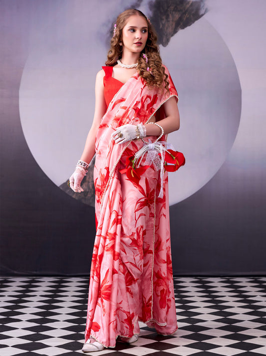 Orange Digital Print Satin Silk Saree