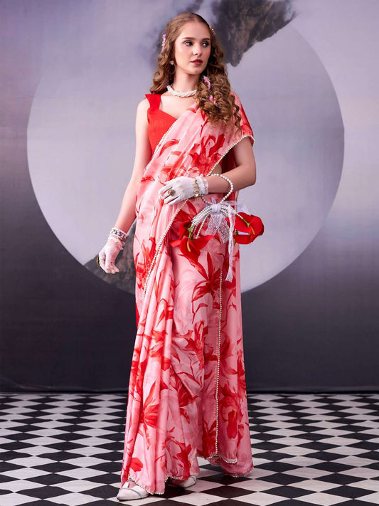 Orange Digital Print Satin Silk Saree