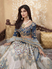 Teal Blue Heavy Embroidered Designer Silk Lehenga Choli
