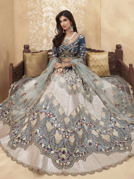 Teal Blue Heavy Embroidered Designer Silk Lehenga Choli