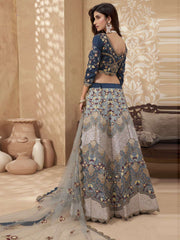 Teal Blue Heavy Embroidered Designer Silk Lehenga Choli