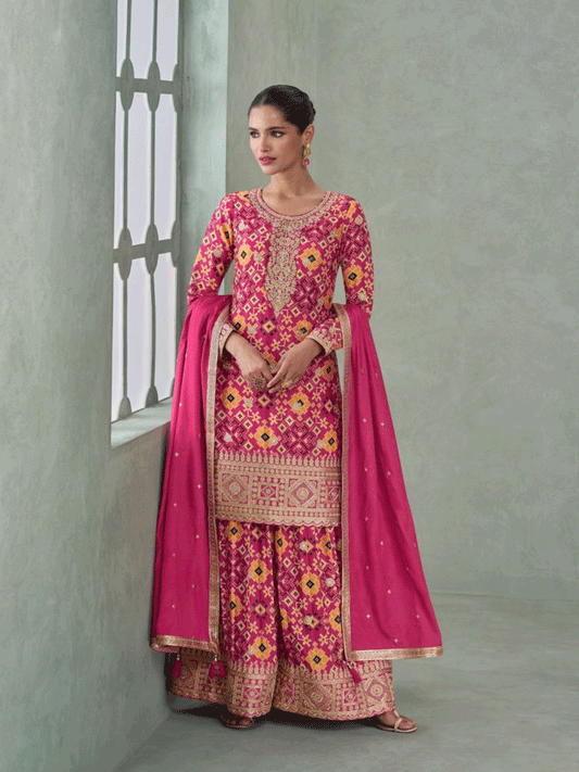 Pink Chinon Silk Ikat Print Zari Embroidered Sequins Palazzo Suit Festive Wear