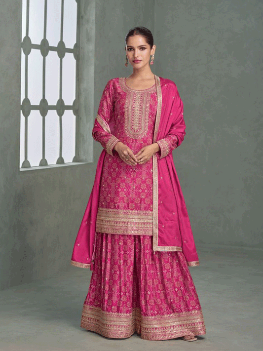 Pink Chinon Silk Bandhini Printed Zari Embroidered Sequins Palazzo Suit Festive Wear