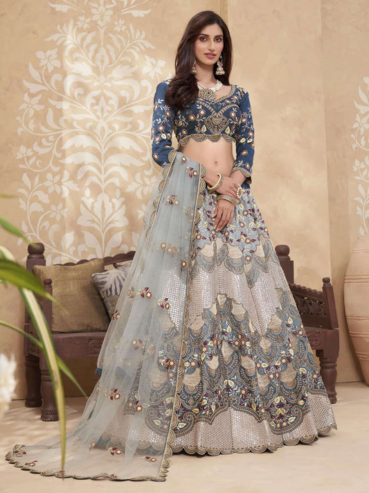 Teal Blue Heavy Embroidered Designer Silk Lehenga Choli