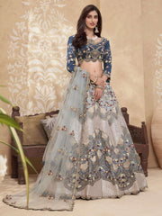 Teal Blue Heavy Embroidered Designer Silk Lehenga Choli
