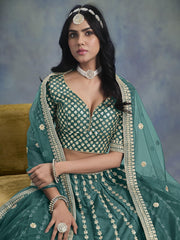 Green Embroidered Lehenga Choli In Art Silk