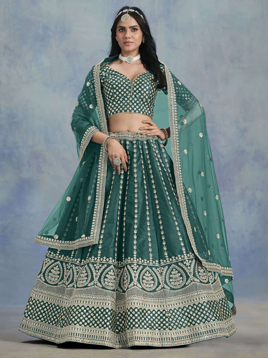 Green Embroidered Lehenga Choli In Art Silk