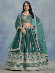 Green Embroidered Lehenga Choli In Art Silk