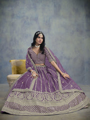Purple Embroidered Lehenga Choli In Art Silk
