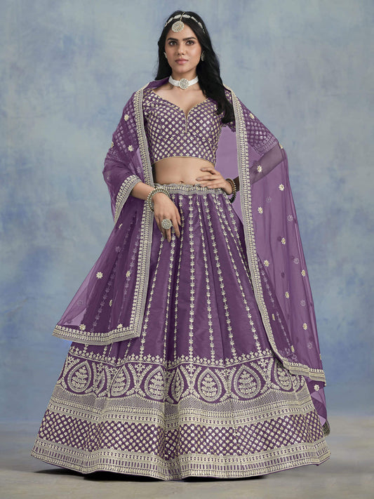 Purple Embroidered Lehenga Choli In Art Silk