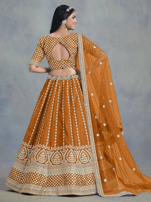Orange Embroidered Art Silk Lehenga Choli