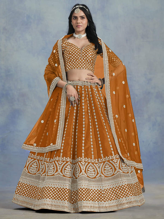 Orange Embroidered Art Silk Lehenga Choli