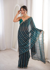 Teal Green Fendi Satin Sequence Embroidery Saree